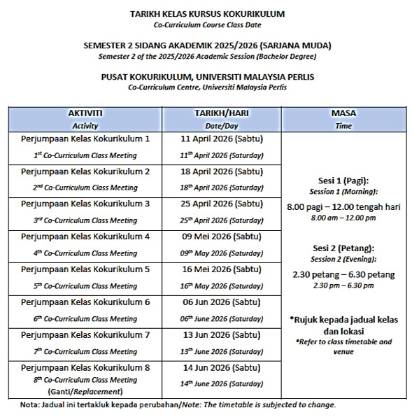 Tarikh Kelas Kursus Kokurikulum Sem 2 2025/2025 (Sarjana Muda) / Dates of Co-Curriculum Class for the Second Semester of the 2025/2026 Academic Session (Bachelor Degree)